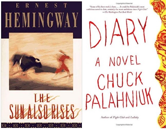 Book covers for "The Sun Also Rises" by Ernest Hemingway and "Diary" by Chuck Palahniuk.