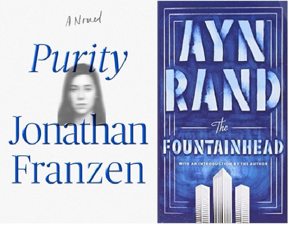 Book cover of Purity by Jonathan Franzen and The Fountainhead by Ayn Rand.
